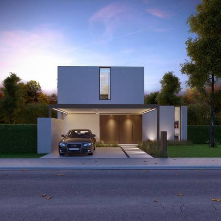 Großzügige Eingangs-Überdachung mit edlen Screens von unten bekleidet: Algarve Canvas. 