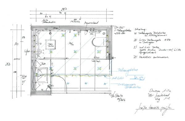 Der Entwurf berücksichtigt bereits die Anordnung des automatischen Nachtlichts im Bad. 