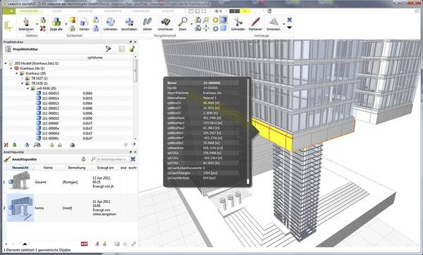 Neben der Geometrie werden auch Bauteilattribute, wie Ordnungsnummern, Materialien, Abmessungen und andere Parameter angezeigt.