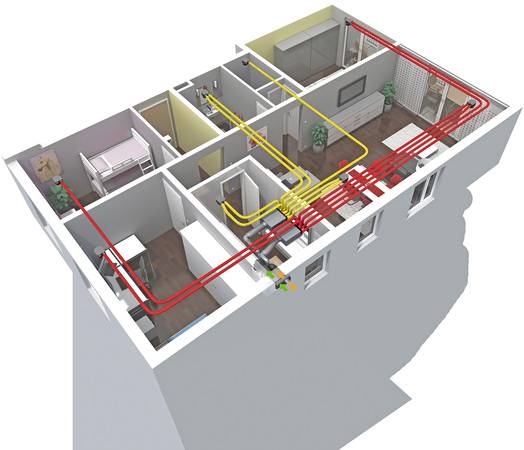 Durch den Einsatz von flexiblen Rohrsystemen wird die Planung und Montage einer zentralen KWL-Anlage vereinfacht. Die Verlegung direkt von der Rolle erfolgt nahezu ohne Materialverlust. Durch den Einsatz von flexiblen Rohrsystemen wird die Planung und Montage einer zentralen KWL-Anlage vereinfacht. Die Verlegung direkt von der Rolle erfolgt nahezu ohne Materialverlust.