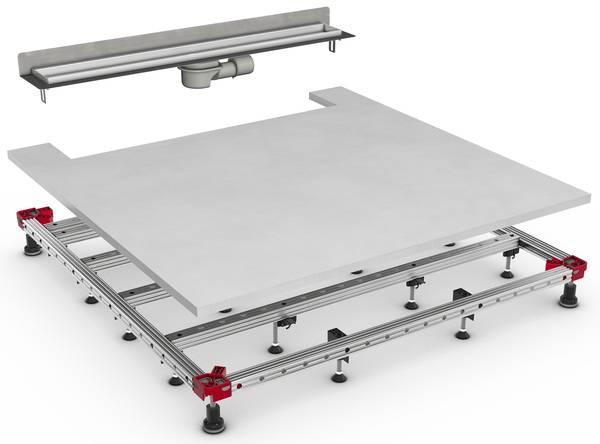 Die Höhenverstellung von ACO ShowerFloor erfolgt nur über die Eckverbinde, die anderen Standfüße verfügen über eine Schnelleinstellung. Die Höhenverstellung von ACO ShowerFloor erfolgt nur über die Eckverbinde, die anderen Standfüße verfügen über eine Schnelleinstellung.