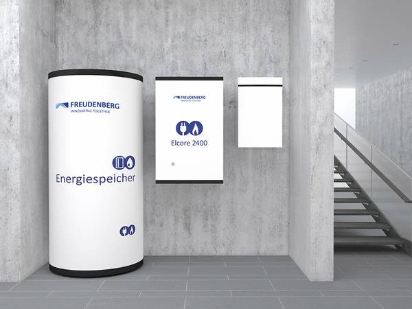 Unter dem Markennamen „Elcore 2400“ bietet Freudenberg Sealing Technologies zwei Systemvarianten an: Brennstoffzelle mit Speicher sowie mit optionalem Gas-Spitzenlastheizgerät, wie hier abgebildet.