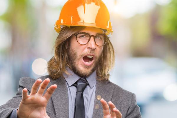 Als Star auf jeder Baustelle wird der Architekt sofort umschwärmt, von brünstigen Bauherrinnen bis zu Bauarbeitern auf Brautschau ist jeder hinter ihm her. So verwundert nicht, dass er meist in dieser Haltung auftritt.