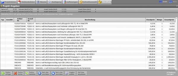 Aus den Stücklisten lassen sich Leistungsverzeichnisse bzw. Angebote generieren.