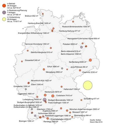 34 solare Wärmenetze mit insgesamt 62.700 Quadratmetern Kollektorfläche sind in Deutschland in Betrieb. Viele Weitere sind in Bau oder Planung. 34 solare Wärmenetze mit insgesamt 62.700 Quadratmetern Kollektorfläche sind in Deutschland in Betrieb. Viele Weitere sind in Bau oder Planung.