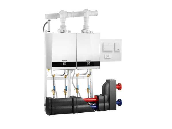 Auch Abgassysteme von Kaskaden lassen sich komfortabel mit dem Buderus Abgassystemkonfigurator auslegen. Hier ein Kaskadensystem aus zwei Gas-Brennwertgeräten Logamax plus GB192i.