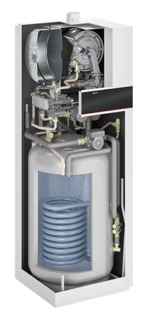 Das Viessmann Kompaktgerät Vitodens 242-F ist mit einem 170-Liter großen emaillierten Solarspeicher und allen weiteren maßgeblichen Komponenten vorbereitet für den Anschluss von Sonnenkollektoren.