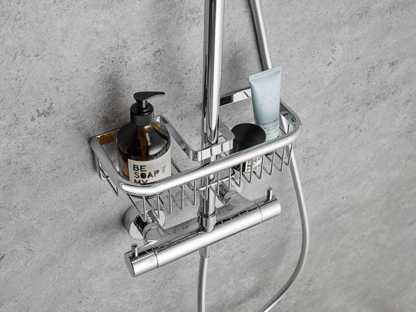 Der Duschkorb Premium als Shower-Set Modell kann dank seiner Aussparung mit allen HSK Shower-Sets kombiniert und ganz einfach vor die Brausestange montiert werden. 