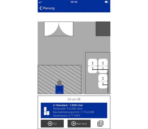 Mit dem neuen Planungstool von Schütz wird automatisch der passende Tanktyp ermittelt. Türen und Barrieren inkl. der notwendigen Sicherheitsabstände (schwarze Umrahmungen) können einfach hinzugefügt und im virtuellen Raum verschoben werden.