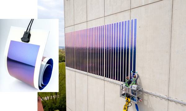 Bild 2: Die Solarfolie Heliasol von Heliatek benötigt keinen Lüftungsabstand zur Kühlung, sodass sie direkt auf die Fassadenfläche des Getreidesilos geklebt werden konnte.  Bild 2: Die Solarfolie Heliasol von Heliatek benötigt keinen Lüftungsabstand zur Kühlung, sodass sie direkt auf die Fassadenfläche des Getreidesilos geklebt werden konnte.