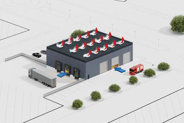 Nach dem Auslösen der Brandmeldeanlage sorgt die Zuluft-Steuerung innerhalb von 60 Sekunden automatisch für das Öffnen der angeschlossenen Tore bis zur vorher definierten Zuluftposition. Nach dem Auslösen der Brandmeldeanlage sorgt die Zuluft-Steuerung innerhalb von 60 Sekunden automatisch für das Öffnen der angeschlossenen Tore bis zur vorher definierten Zuluftposition.