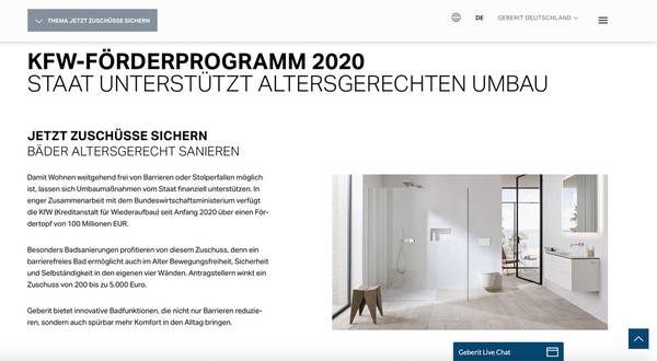Übersichtliche Informationen, Checklisten und weiterführende Links zum Thema KfW-Förderprogramm „Altersgerecht Umbauen“ hat Geberit online zusammengestellt. Übersichtliche Informationen, Checklisten und weiterführende Links zum Thema KfW-Förderprogramm „Altersgerecht Umbauen“ hat Geberit online zusammengestellt.