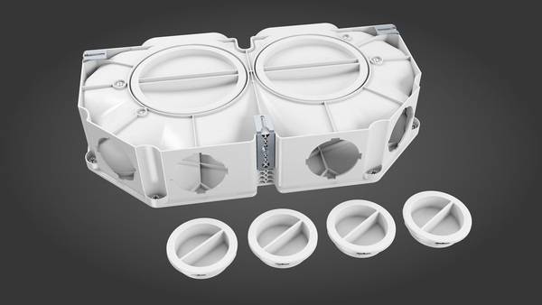 Um Rohrleitungen für die Kontrollierte Wohnraumlüftung auch unsichtbar verlegen zu können, hat Fränkische den profi-air Flachverteiler 6-fach entwickelt, den ersten Kunststoffverteiler für den Einbau in Beton.