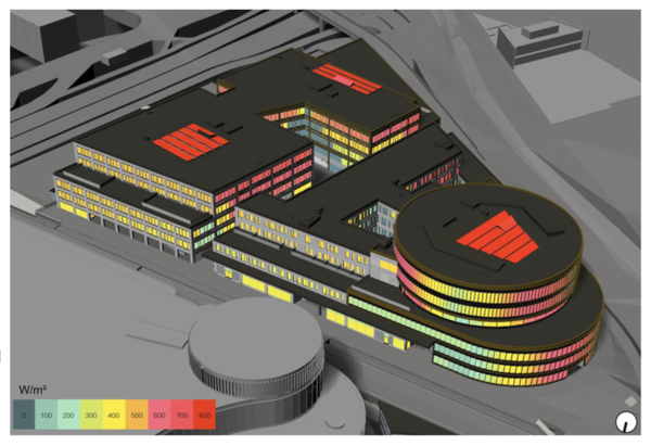 Grafik 02: Beispiel einer komplexen Gebäudegeometrie, bei der die Sonneneinstrahlung auf dem Glas dargestellt wird, es werden unterschiedliche Anforderungen deutlich.