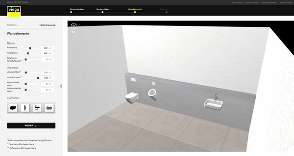 Die Badplanung ist in 3-D perspektivisch drehbar, sodass sich beispielsweise auch Raumproportionen und Bewegungsräume ganz einfach visuell überprüfen lassen. Für die technische Umsetzbarkeit hat Viega die notwendigen Abstandsmaße hinterlegt.  Die Badplanung ist in 3-D perspektivisch drehbar, sodass sich beispielsweise auch Raumproportionen und Bewegungsräume ganz einfach visuell überprüfen lassen. Für die technische Umsetzbarkeit hat Viega die notwendigen Abstandsmaße hinterlegt.