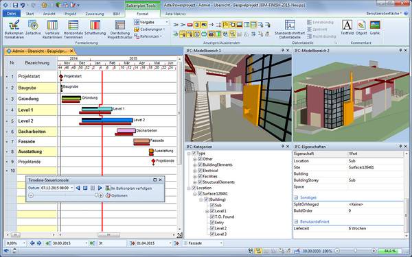 Bild 8: Gesteuert wird die Bauablaufsimulation wie bei einem Video per Vor- oder Rücklauftaste oder durch die Eingabe von Datum und Uhrzeit.
