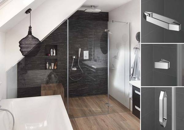 Die großzügige TUSCA-Sonderlösung hat einen über KermiEXTRA gestalteten Glasausschnitt. Die Dachschräge wurde mit in den Duschbereich integriert. Von den drei TUSCA-Griffvarianten fiel in diesem Fall die Wahl auf den minimalistischen Griff.