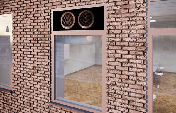 Der Luftaustausch erfolgt über zwei flexible Rohre. Dafür wird eine Platte mit zwei Fassadengittern zur Ausleitung der Rohre in den Fensterrahmen eingesetzt.