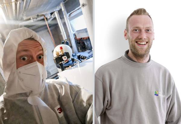Tobias Speer (Haustechnik Voßwinkel) mit und ohne Schutzanzug. Der Schutz­anzug ist Pflicht, wenn er in einem ­Quarantänehaushalt gebraucht wird, z.B. bei einem Heizungsausfall.