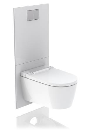 Die AquaClean Designplatte – wahlweise in Glas schwarz oder weiß oder aus weißem Kunststoff – ist für alle Dusch-WCs und bestehenden Geberit Unterputz-Spülkästen von 1988 bis heute geeignet.