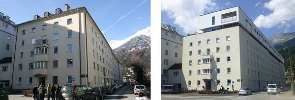 Bild 4 und 5: EU-Projekt SINFONIA Mehrfamilienhaus IN13 in Innsbruck: Straßenansicht vor und nach der Sanierung. Bild 4 und 5: EU-Projekt SINFONIA Mehrfamilienhaus IN13 in Innsbruck: Straßenansicht vor und nach der Sanierung.