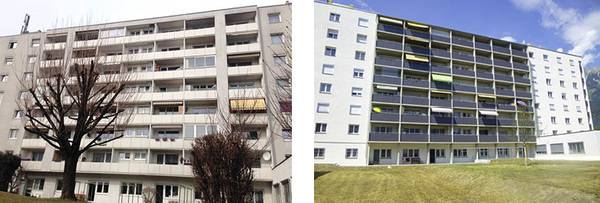 Bild 6 und 7: Mehrfamilienhaus IN40 in Innsbruck: Balkone hofseitig vor und nach der Sanierung.