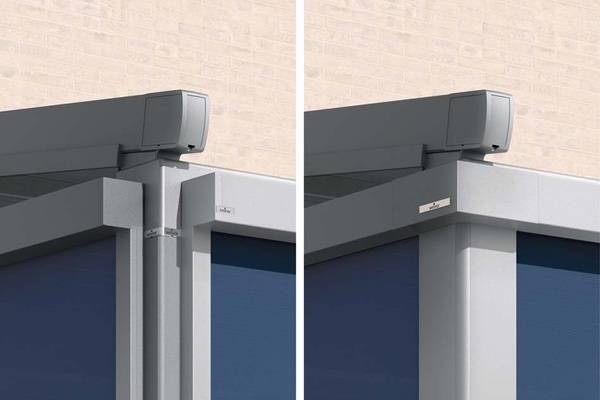 Terrassendach links ohne und rechts mit Design-Blende: VertiPlus optimiert das Gesamtbild der kombinierten Anlage.
