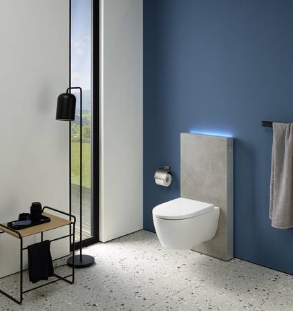 Aus einem Guss: Der Monolith von Geberit bringt gradlinig und modern die gesamte Spültechnik vor der Wand unter. Für mehr Individualität wurde das Sortiment an Frontverkleidungen erweitert.