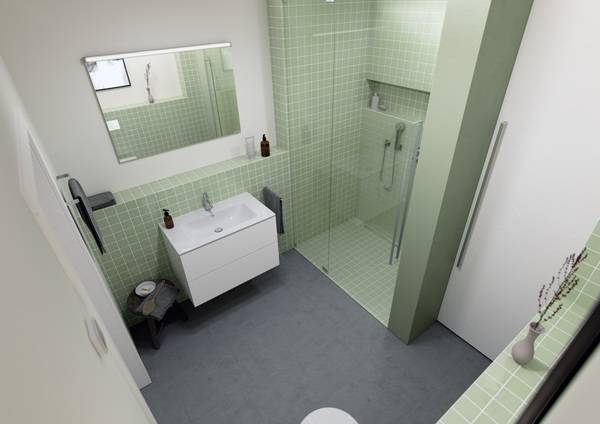 Von den 7,97 Quadratmeter Brutto-Grundfläche stehen abzüglich der Vorwände effektiv 6,44 Quadratmeter zur Verfügung – zuzüglich der Ablageflächen auf den halbhohen und in den raumhohen Vorwänden.