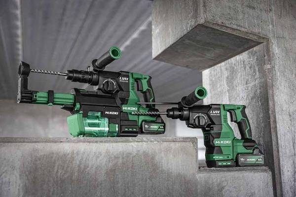 Die Hikoki-Akku-Bohrhämmer DH1826DA (links) und DH1826DC (rechts) haben, wie die 36-Volt-Modelle, drei Betriebsarten: Bohren, Hammerbohren und Meißeln, für einen optimalen Einsatz.