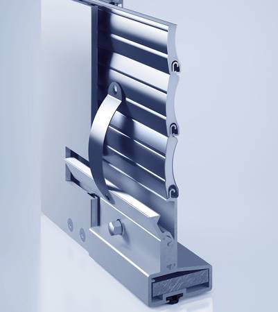 Eine zusätzliche Aufschiebesicherung stellt der in die Endleiste integrierte Schwenk­riegel dar. Beim Absenken des Rollladenpanzers fällt der Riegel in eine Aussparung in der Führungsschiene und sorgt für eine zusätzliche Verriegelung.