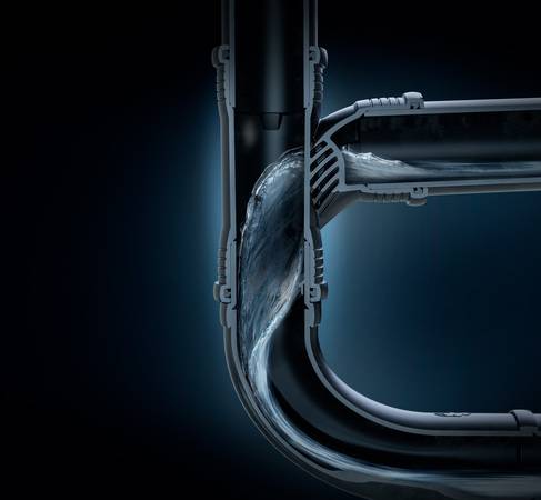 Der Geberit Silent-Pro Carve Abzweig erzielt eine bis zu 15 % höhere Abflussleistung im Vergleich zu einem konventionellen Bogenabzweig.