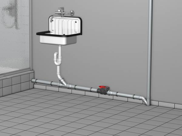 ACO Rückstauverschluss Triplex Typ 2 zum Einbau z.B. in die freiliegende Abwasserleitung der Souterrain-Dusche.