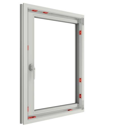 ALT-Text: „Modernes rechteckiges Fensterprofil mit roten Eckakzenten und linker Griffposition, ideal für energieeffiziente Gebäudehüllen in TGA-Projekten.