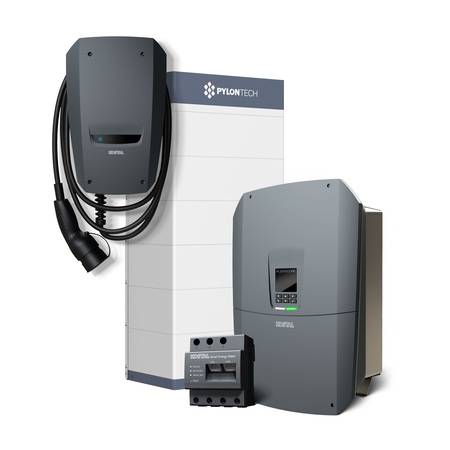 Optimierter ALT-Text: „Intelligentes Solarwechselrichter- und Batteriespeichersystem mit integrierter Ladestation und Anschlusskabel für energieeffiziente Gebäudeautomation.