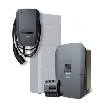 Alt-Text: „Schneider Electric Lösungen für die Gebäudetechnik: Wandladesystem, Batteriespeichereinheit und Wechselrichter zur Optimierung der Energieeffizienz in modernen Gebäuden.