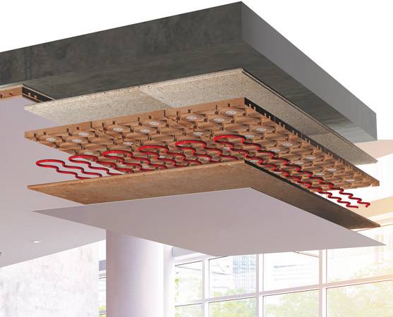 Aufbau der Natur-Klimadecke aus OSB/ESB-Spanplatten oder zementgebundenen Spanplatten, Humid-Modulen (Rillenplatte), Lehmbauplatten, Rohrleitungen und Oberflächenbeschichtung. Aufbau der Natur-Klimadecke aus OSB/ESB-Spanplatten oder zementgebundenen Spanplatten, Humid-Modulen (Rillenplatte), Lehmbauplatten, Rohrleitungen und Oberflächenbeschichtung.