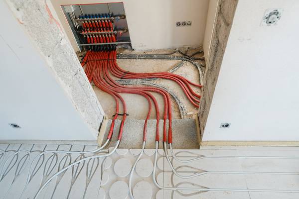 Die Fußbodenheizung wurde so konzipiert, dass über den im Flur angeordneten Heizkreisverteiler in jedem Geschoss in allen Räumen die Wärme individuell geregelt werden kann. Die Fußbodenheizung wurde so konzipiert, dass über den im Flur angeordneten Heizkreisverteiler in jedem Geschoss in allen Räumen die Wärme individuell geregelt werden kann.