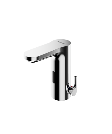 Sensorarmatur mit Chromoberfläche und Seitenhebel, berührungslos, für energieeffiziente Sanitäranwendungen in Gebäuden.