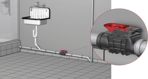 Passiver Rückstauschutz für fäkalienfreies Abwasser mittels Rückstauverschluss ACO Triplex von ACO Haustechnik, mit Nennweite DN 50 eingebaut in einer frei liegenden Rohrleitung. Passiver Rückstauschutz für fäkalienfreies Abwasser mittels Rückstauverschluss ACO Triplex von ACO Haustechnik, mit Nennweite DN 50 eingebaut in einer frei liegenden Rohrleitung.