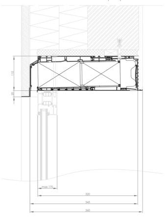 Schnittzeichnung einer Endura Twist eingebaut waagerecht über dem Fenster mit Putzprofil für einen unsichtbaren Einbau und Luftaustritt nach unten. 