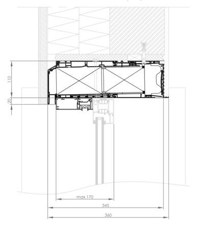 Schnittzeichnung einer Endura Twist eingebaut senkrecht neben einem Fenster und integrierter Senkrechtmarkise mit ZIP-Führung. 