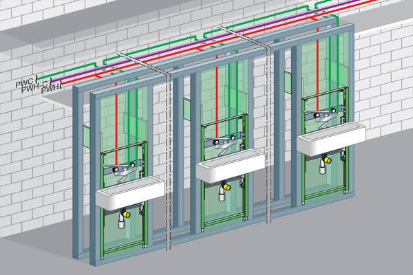 Grafik 1: Installationsbeispiel aus einer Pflegeeinrichtung mit Verteilleitungen in der abgehängten Decke und ebenfalls horizontal endendem PWH-C-System. 