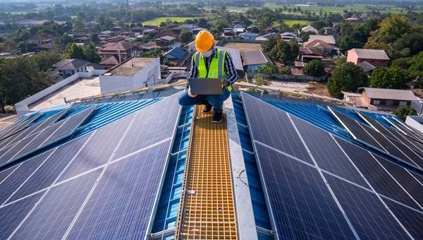 Arbeiter auf einem Solardach