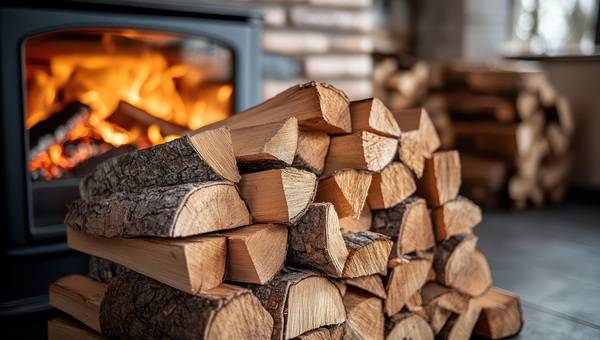 Holzofen mit Feuer, mit Brennholz im Vordergrund.