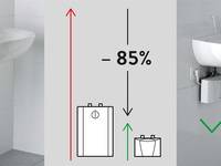 Im Vergleich zu einem Kleinspeicher (Boiler links) spart ein E-Kleindurchlauferhitzer (rechts) ca. 85 % Energie ein.