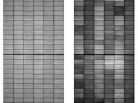 Ungleichmäßige Helligkeit in der Elektrolumineszenz (Schachbrettmuster) kann ein Indikator für verschiedene zellspezifische Degradationen sein. Hier ist die für TopCon-Module in besonderem Maße ausgeprägte UV-induzierte Degradation (UVID) dargestellt.