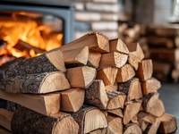 Holzofen mit Feuer, mit Brennholz im Vordergrund.