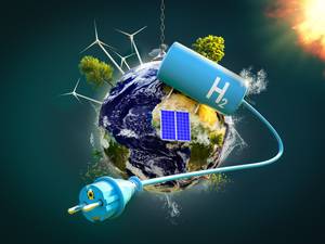 Ein blauer Wasserstoff-Tank auf der Erde