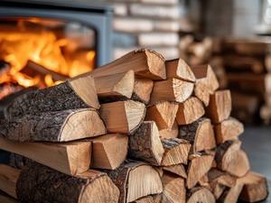 Holzofen mit Feuer, mit Brennholz im Vordergrund.